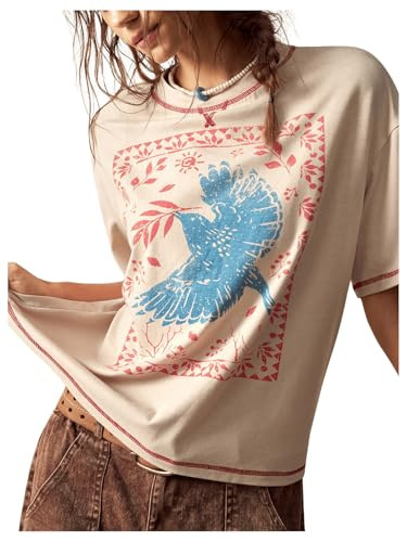 BEAUDRM Women's Graphic Boho Short Sleeve Tee Tops Crewneck Loose Fit T Shirts Streetwear Apricot... | Amazon (US)