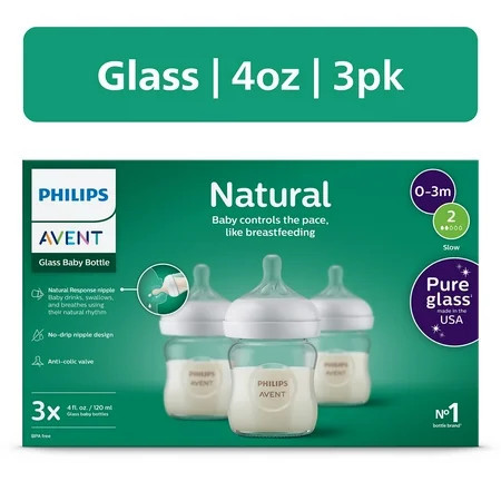 Philips Avent Natural Glass Baby Bottles with Natural Response Nipples (Slow Flow, Flow 2), 4oz, 3-Pack, SCY910/03 | Walmart (US)