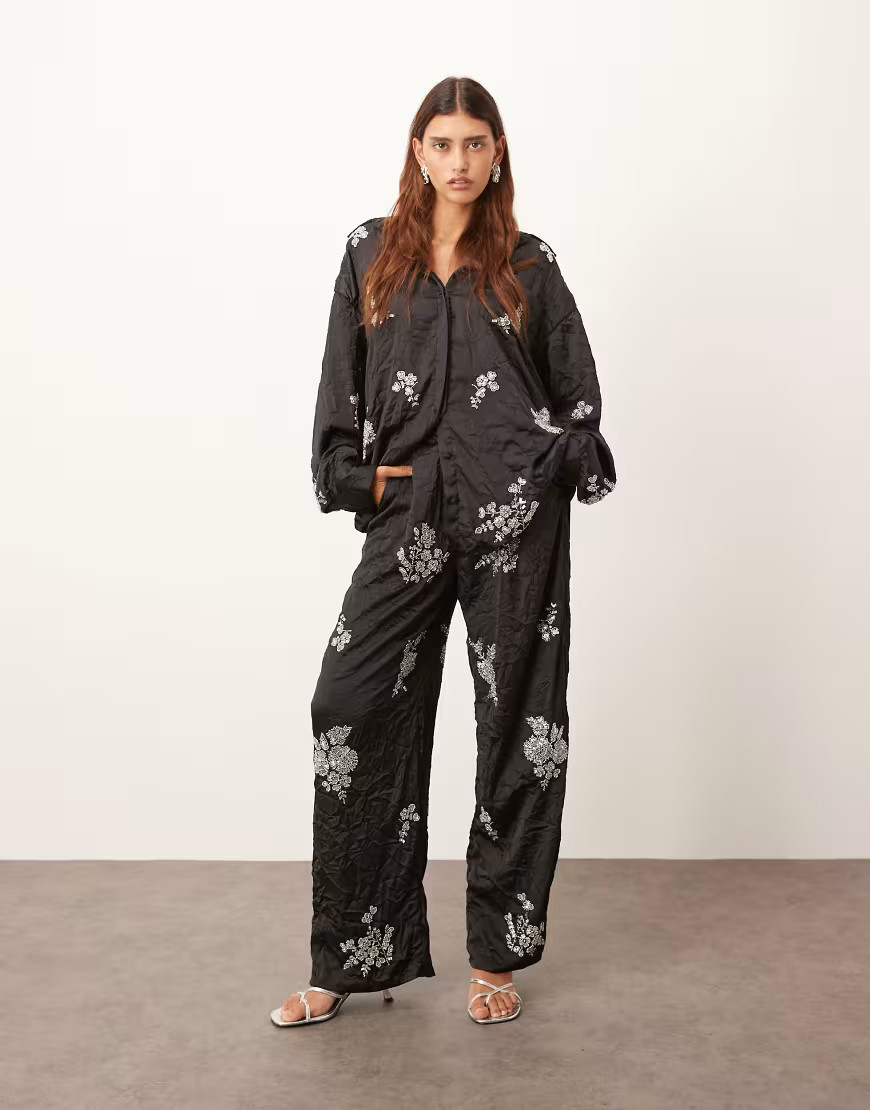 ARRANGE crinkle satin floral embellished pants in black - part of a set | ASOS (Global)