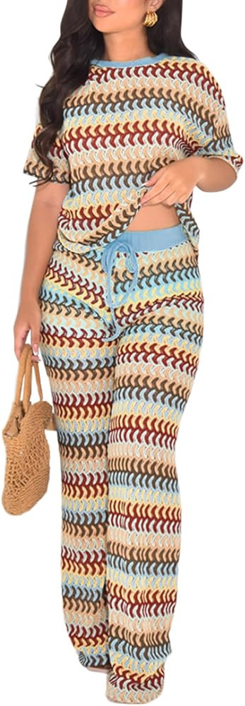Two Piece Cover Up Sets for Women Crochet Knit Hollow Out Striped Short Sleeve Tops Wide Leg Pant... | Amazon (US)