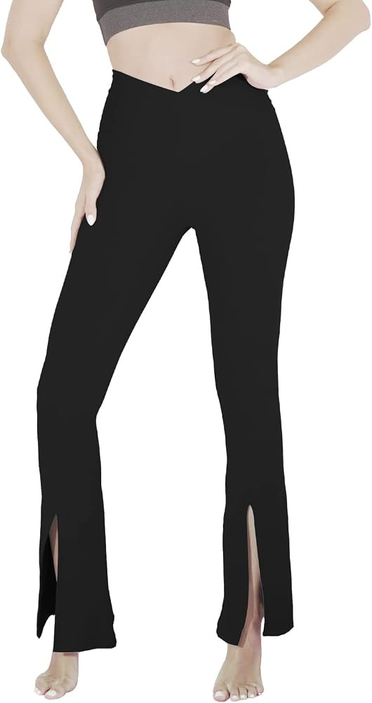 Split Hem Crossover Flare Leggings for Women High Waisted Bootcut Yoga Pants Casual Flared Leggings | Amazon (US)