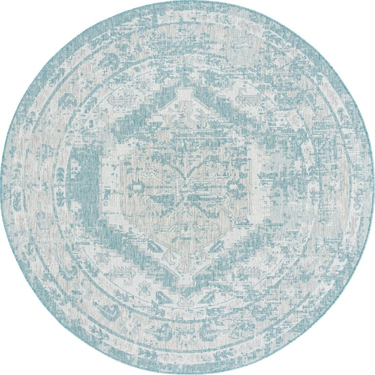 Unique Loom Valeria Indoor/Outdoor Traditional Rug Aqua/Ivory 7' 10" Round Medallion Traditional ... | Walmart (US)