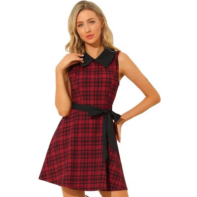 INSPIRE CHIC Women's A-line Belted Vintage Sleeveless Plaid Dress Red Small | Target