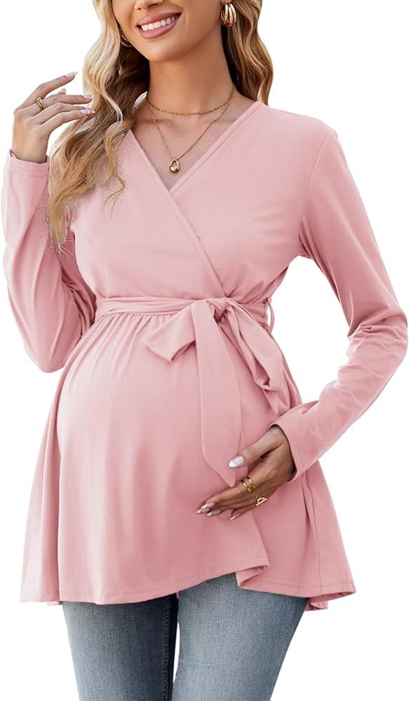 OUGES Women's Maternity Tunics Tops Shirts Long Sleeve Wrap V Neck Nursing Maternity Clothes Casu... | Amazon (US)
