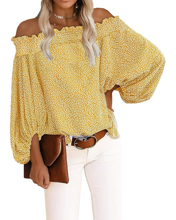 BLENCOT Off The Shoulder Tops for Women Casual Floral Blouses Lantern Sleeves Chiffon Shirt Tops | Amazon (US)