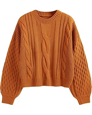 ZAFUL Women's Solid Knit Cable Sweater Casual Long Lantern Sleeve Pullover Crew Neck Knitted Tops | Amazon (US)