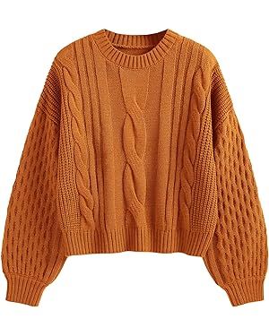 ZAFUL Women's Solid Knit Cable Sweater Casual Long Lantern Sleeve Pullover Crew Neck Knitted Tops | Amazon (US)