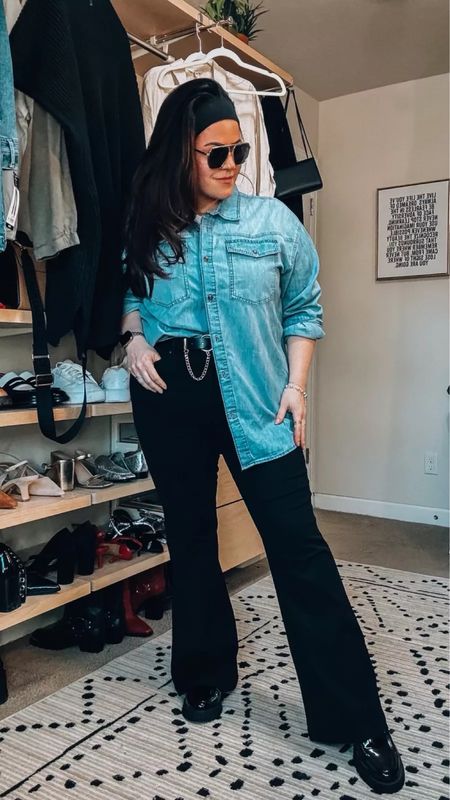 Midsize @Walmart outfit Inspo business casual outfit Denim top xl Black flare jeans tts size 14 Loafers tts White double lined tee xl @walmartfashion #walmartpartner

#LTKmidsize #LTKstyletip #LTKSeasonal