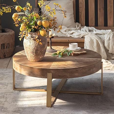 Gexpusm Round Wood Coffee Tables with Metal Leg, Farmhouse Circle Coffee Table for Living Room, R... | Amazon (US)