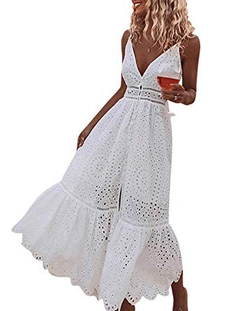 BerryGo Women's Embroidery Pearl Button Down Dress V Neck Spaghetti Strap Maxi Dress | Amazon (US)