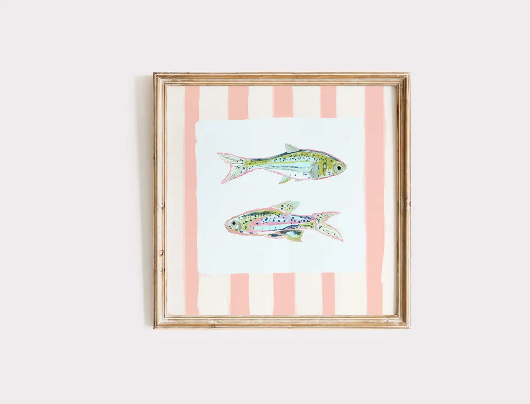 Pink Striped Fish Art Print: Coastal Cottage Kids Room Decor - Etsy | Etsy (US)