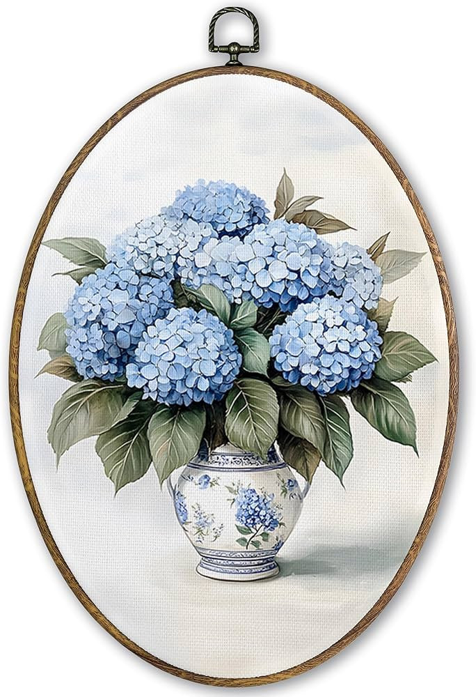 TLESKE Vintage Blue Hydrangea Flowers Oval Wall Art Decor Framed 9x12, Chinoiserie Floral Canvas ... | Amazon (US)