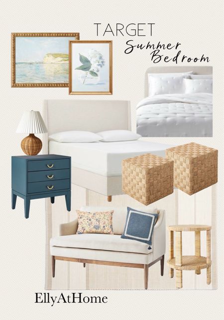 Target summer bedroom styling. Platform bed, side table, nightstand, table lamp, small sofa, framed artwork, bedding, throw pillows, ottomans. Summer home decor accessories. Free shipping. 

#LTKHome #LTKFindsUnder50
