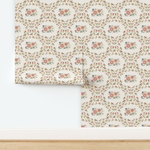 Large scale Vintage style cross stitch floral medallion in lattice setting, for sweet table linen... | Spoonflower