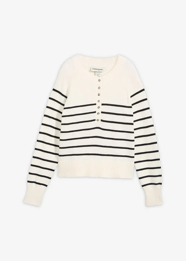 Sweter z czystej bawełny biały perłowy-czarny w paski | bonprix PL Influencer