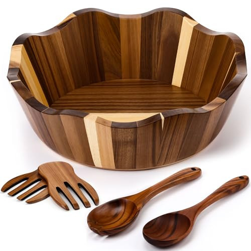 LemonRoad Wooden Salad Bowls Set 12 inch Wavy Large Acacia Wood Serving Bowl with 2 Wooden Hands 2 Utensils Fork Spoon for Fruit, Salad, Cereal, Corn flake, Pasta, Food(Irregular Shaped) | Amazon (US)