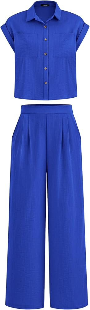 PRETTYGARDEN Women's Summer 2 Piece Outfits Casual Tracksuit Short Sleeve Button Down Shirts Long... | Amazon (US)