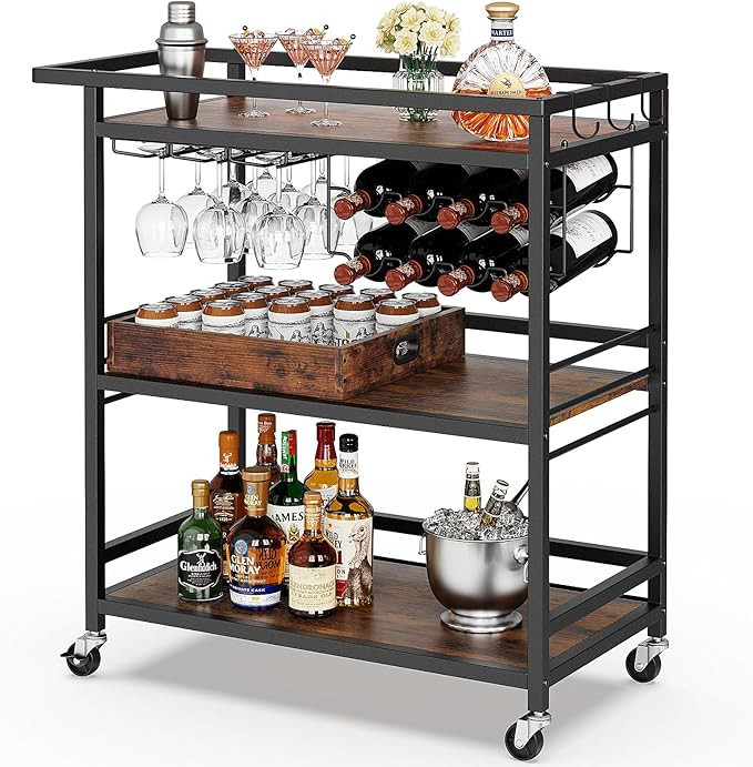 Leteuke Bar Cart for Home, 3 Tier Black Serving Rolling Carts with Wheels, Drink Cart, Liquor Sta... | Amazon (US)