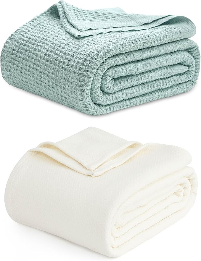 Bedsure Bundle of 1 Cotton Herringbone Weave Blanket 66x90 & 1 Cotton Waffle Weave Blanket 66x90 | Amazon (US)