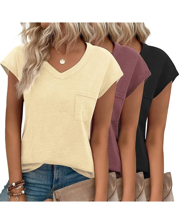 Zeagoo Womens 3 Pack Cap Sleeve T Shirts V Neck Basic Tees Tops with Pocket Fashion Trendy Casual... | Amazon (US)