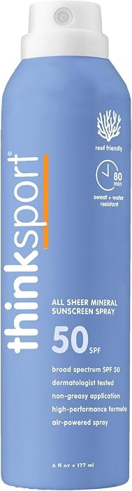 Thinksport SPF 50+ Mineral Sunscreen Spray, All Sheer, 6 Fl Oz \u2013 Natural, Water Resistant Bo... | Amazon (US)