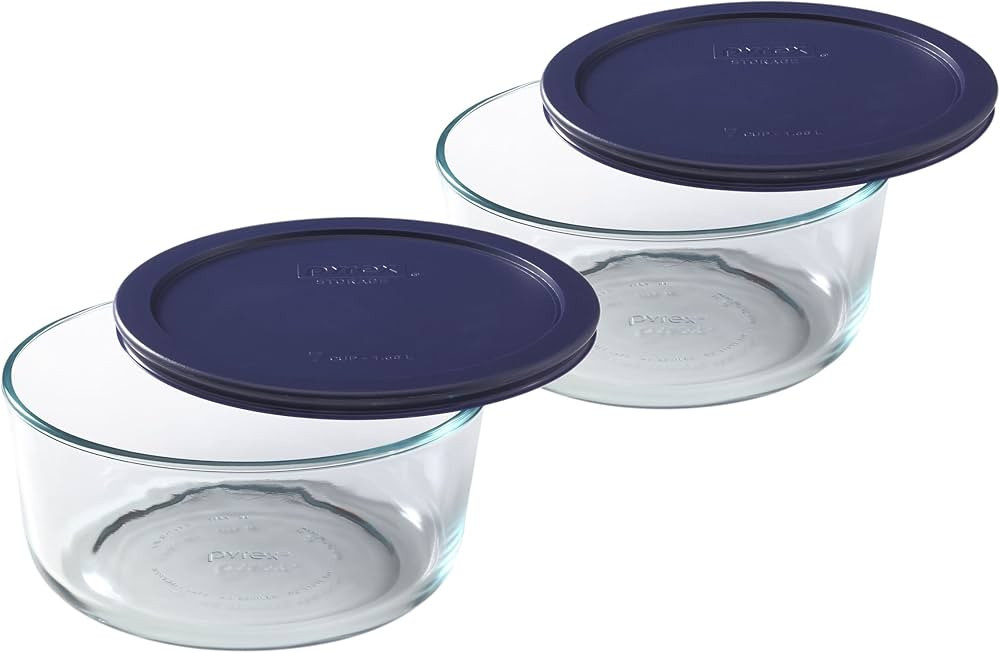 Pyrex Storage Plus 7-Cup Round Glass Food Storage Dish, Blue Cover, Pack of 2 Made in the USA | Amazon (US)
