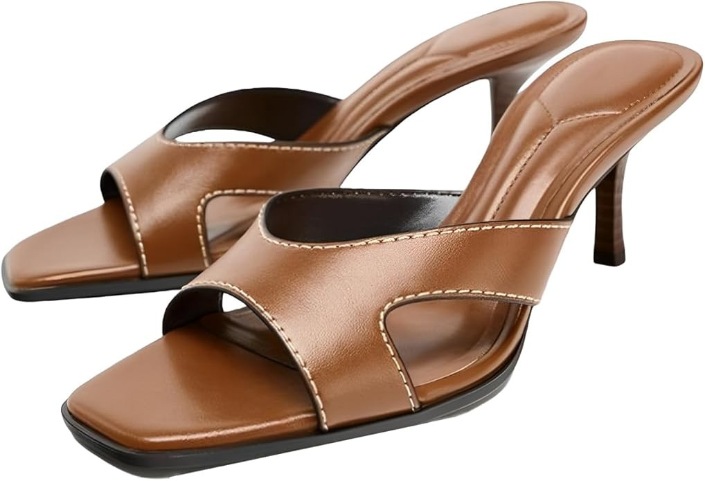 YIYA Women's Brown Kitten Mules Heels Open Square Toe Stiletto Heels Slip On Slides Sandals Comfo... | Amazon (US)