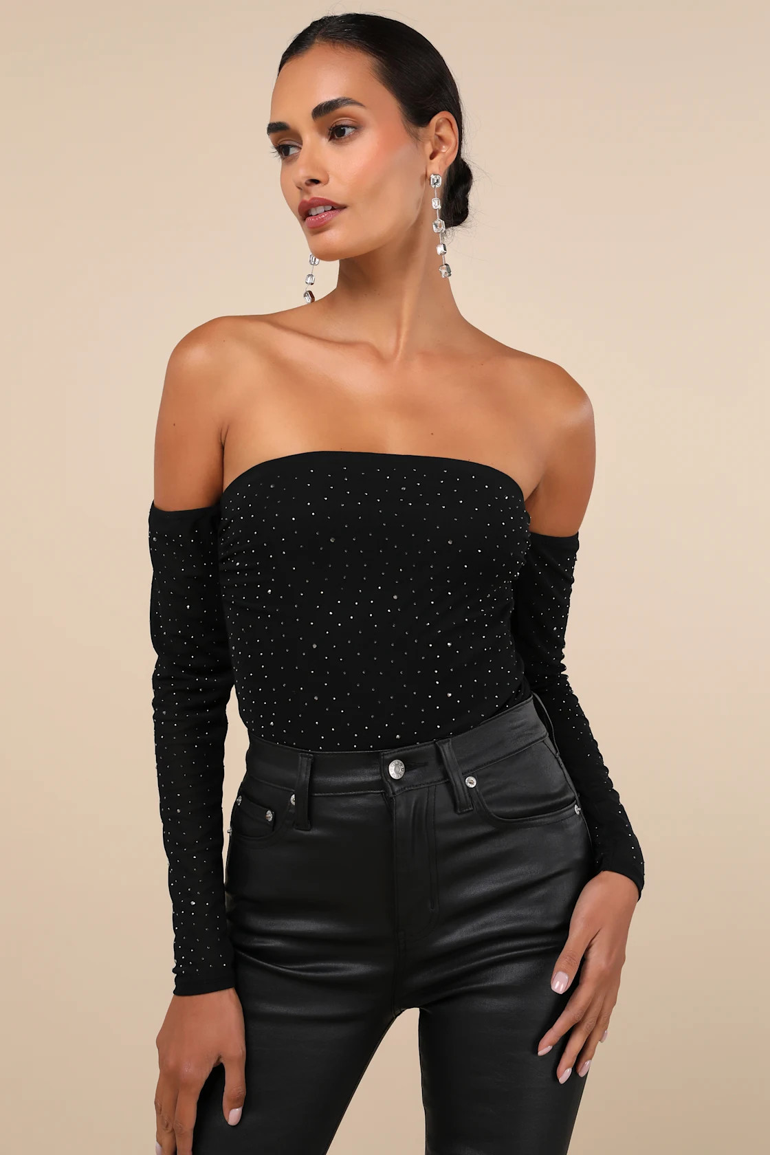 Shimmering Scene Black Rhinestone Mesh Off-the-Shoulder Bodysuit | Lulus