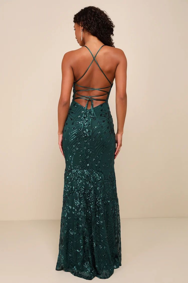 Photo Finish Forest Green Sequin Lace-Up Maxi Dress | Lulus