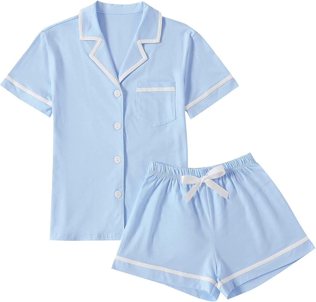 LYANER Women's Cotton Pajamas Set Button Short Sleeve Shirt with Shorts Set PJs Loungewear | Amazon (US)