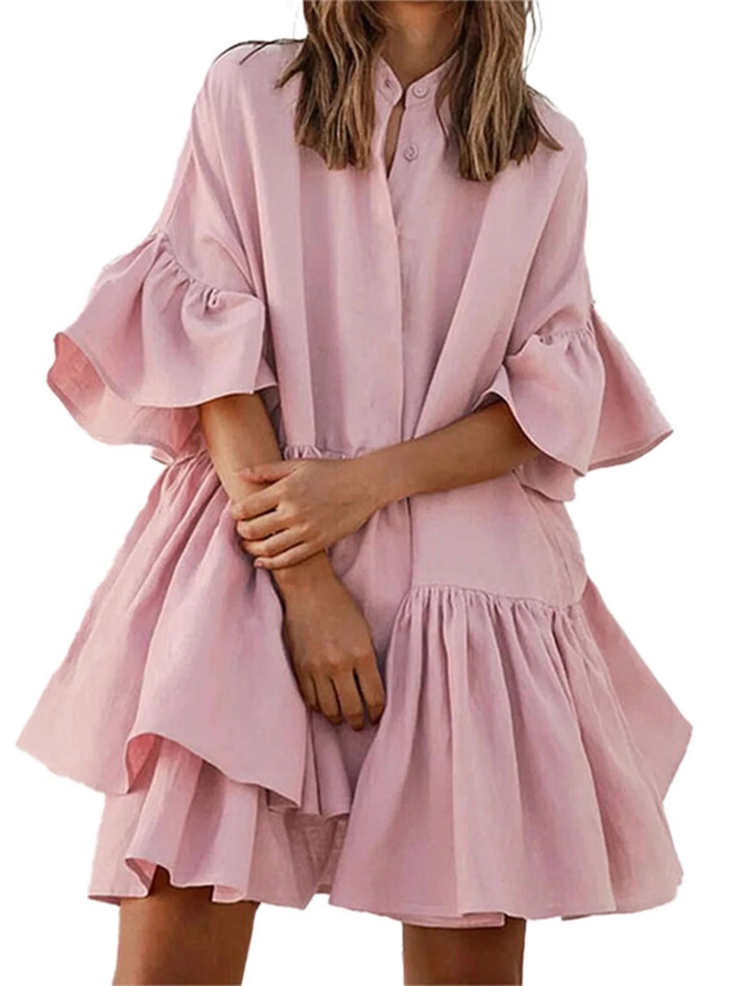 Niuer Summer Ruffle Sleeve Tiered Babydoll Dress for Women Flowy Swing Mini Dress Boho Flowy Plea... | Walmart (US)