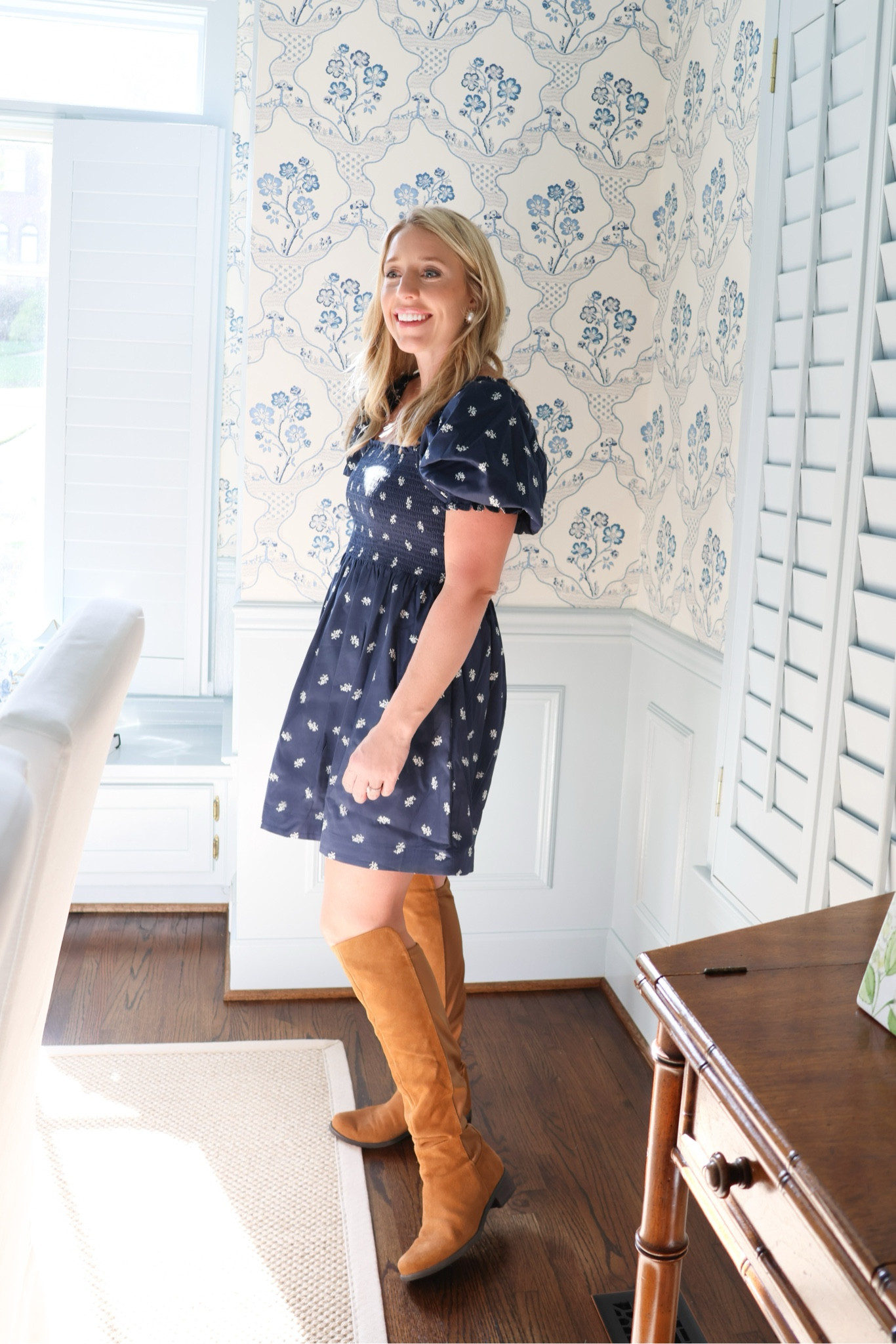 Tall boots linked here! 

Suede over the knee and knee high tall boots for fall.  Navy and white block print dress short game day workwear dress

#LTKshoecrush #LTKSeasonal #LTKworkwear
