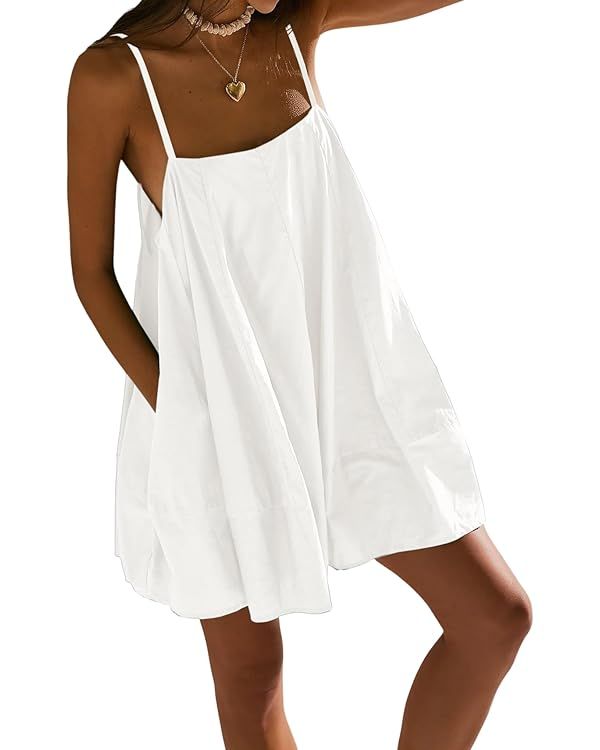 Fisoew Womens Oversized Spaghetti Strap Mini Dress Sleeveless Flowy Casual Summer Dresses | Amazon (US)