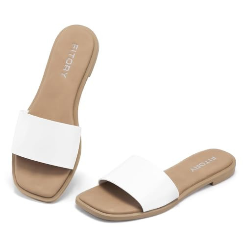 FITORY Women's Slide Sandals Fashion Square Open Toe with Cushioned Footbed Slippers for Beach Size 9 White | Amazon (US)