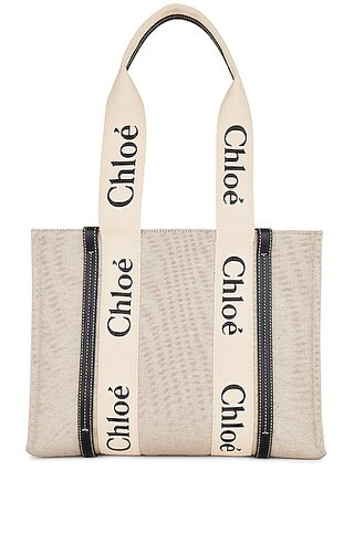 Chloe Medium Woody Tote Bag in White & Blue 1 | FWRD | FWRD 