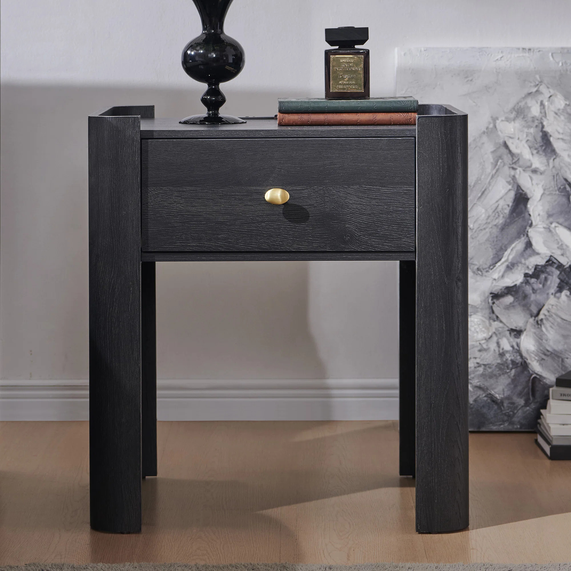 Modern Wood Nightstand with Charging Station & Storage Drawer, 23.6" Tall Curved Bedside Table | Wayfair North America