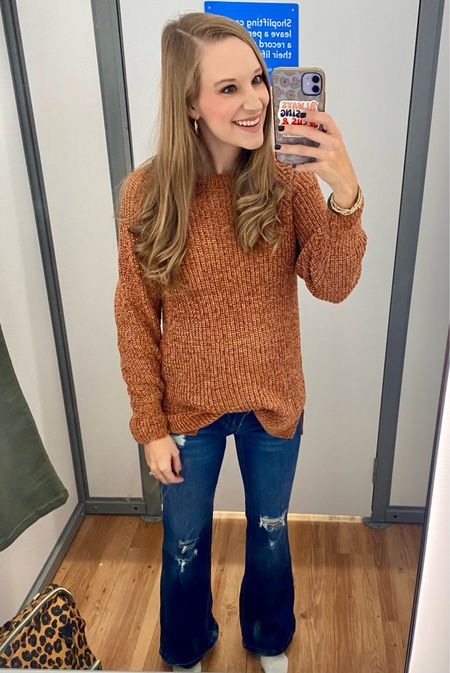 Thanksgiving outfit idea at Walmart! Chenille sweater paired with distressed flare jeans at Walmart! Walmart time and Tru sweater! No boundaries jeans! Size XS in sweater, size 1 in jeans while pregnant so definitely loose!! 

#LTKSeasonal #LTKHoliday