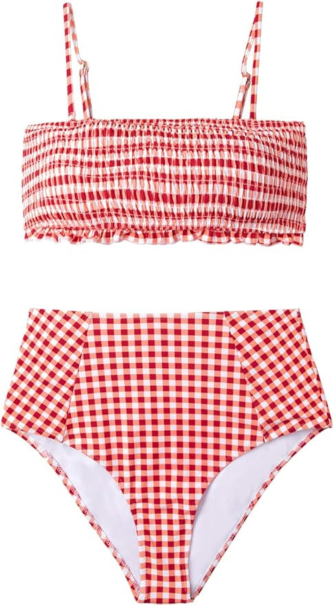 CUPSHE Women's Red Gingham Smocked High Waisted Bikini | Amazon (US)