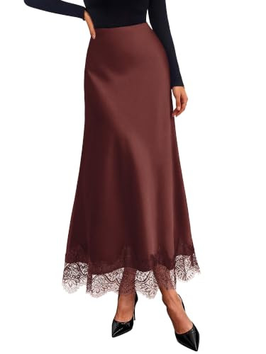 BTFBM Lace Trim Satin Skirts for Women Elegant,Brown,XXL | Amazon (US)