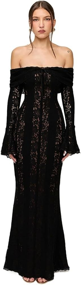 Women's lace Off the Shoulder Evening Dress 2024 Black Mermaid Cocktail Wedding Party Maxi Dress | Amazon (US)