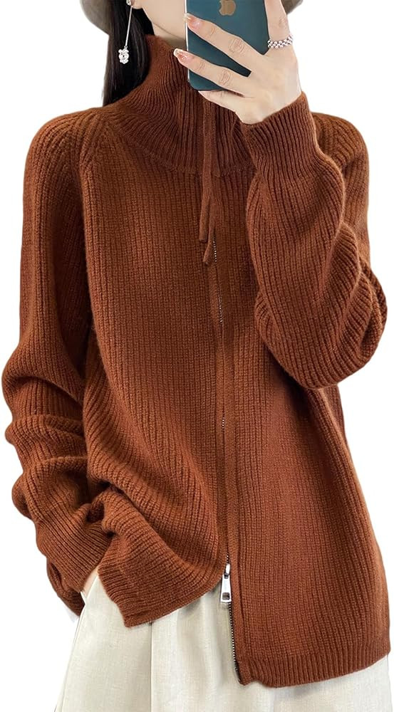 Women's 100% Merino Wool Zip Up Turtleneck 2025 Fall Winter Warm Long Sleeve Knit Cardigan with C... | Amazon (US)