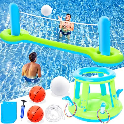Jasonwell Pool Toys Games Set - 3 in 1 Pool Volleyball Net Basketball Hoop Ring Toss Game Inflatable Floats Water Floating Volleyball Swimming Pools Games Party Gift for Kids Adults (Green&Blue, L) | Amazon (US)