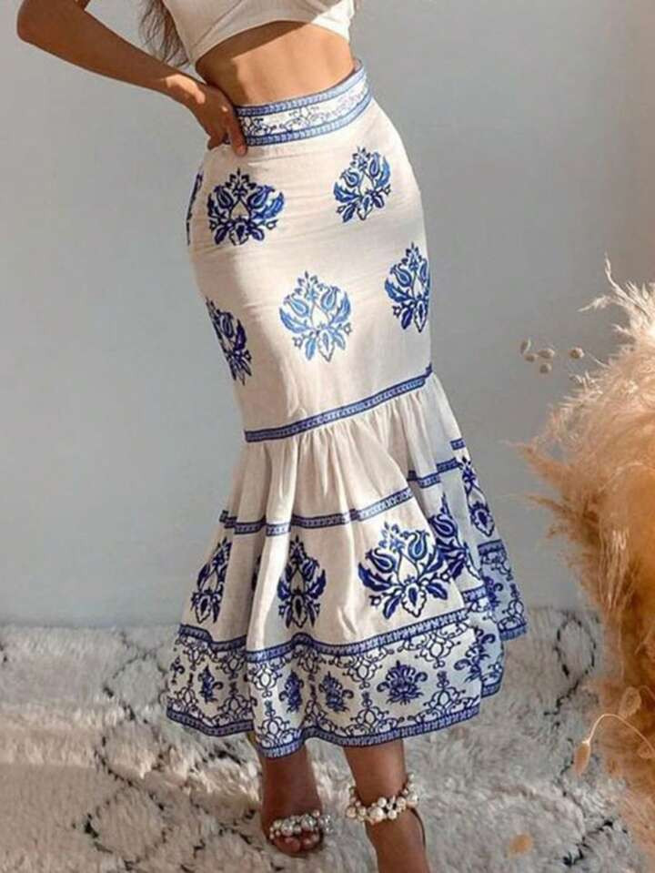 SHEIN Privé Blue And White Floral Print High Waist Mermaid Skirt With Placement Printing | SHEIN