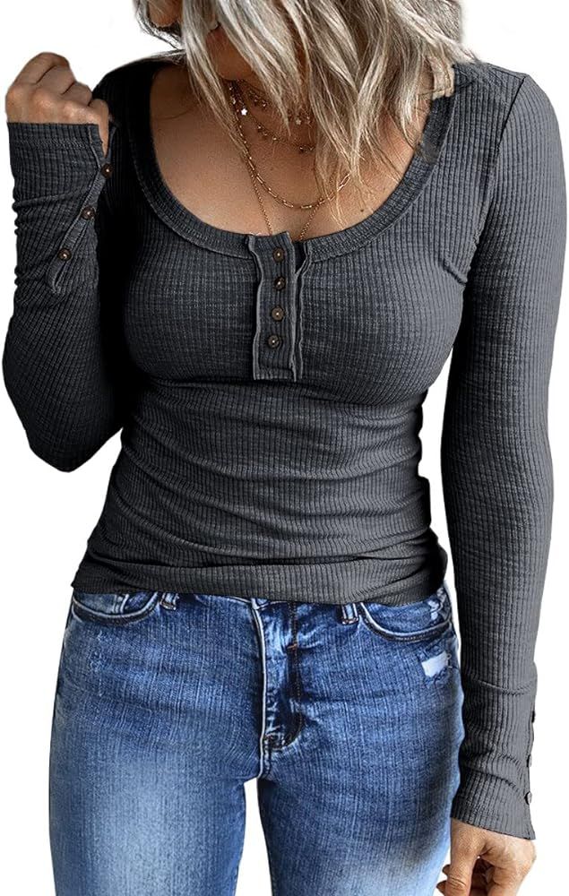 Kissfix Women's Long Sleeve Shirts Casual Fall Henley Top Tunic Button Down Blouses Basic Ribbed ... | Amazon (US)