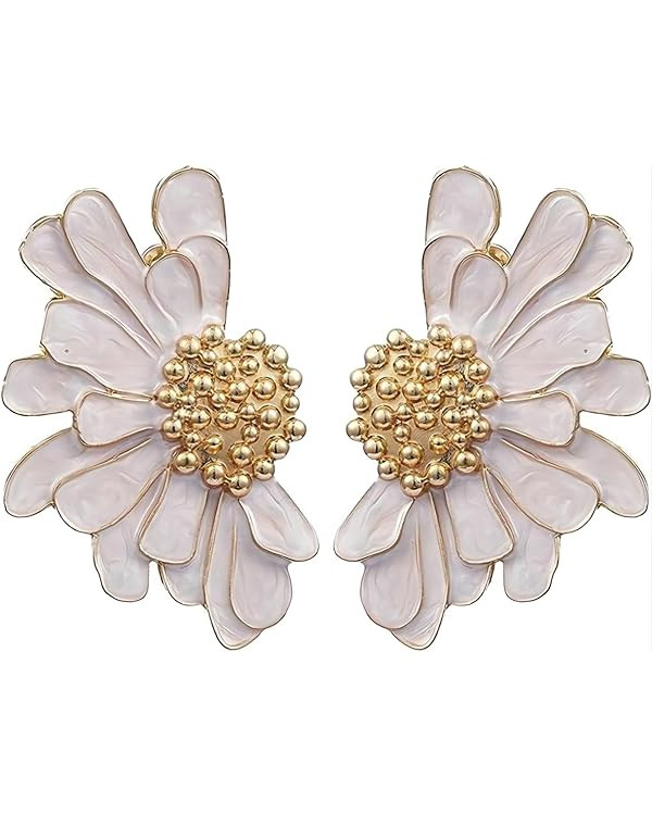 Vintage Statement Earrings For Women, Trendy Statement Stud Fall 14k Gold White Daisy Flower Hypo... | Amazon (US)
