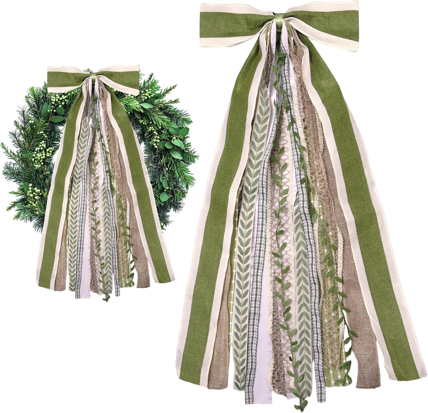 Large Farmhouse Ribbon Bow for Wreath, Green Leaves Fabric Ribbons Set Assorted Leaves Lace Ribbon Green Plaid Clip-On Wreath Sash Ribbons Bundle for Home Indoor Outdoor Decor | Amazon (US)