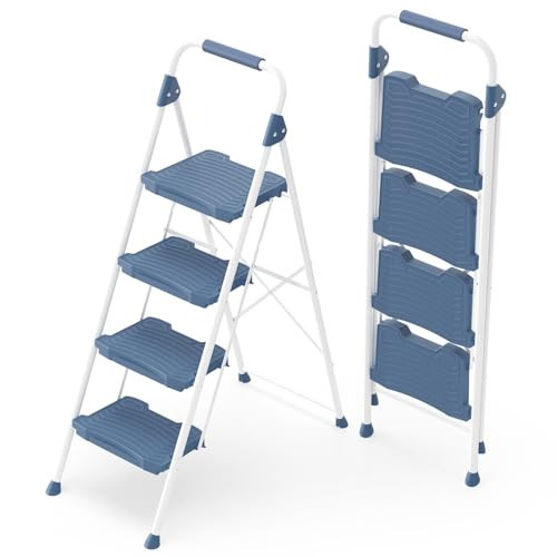 KINGRACK 4 Step Ladder, Sturdy Step Stool with Handrail, Anti-Slip Wide Pedals, Foldable Step Stool for Home, Garage, Garden, Blue, Safety Locking, Pass 900LBS Testing | Amazon (US)