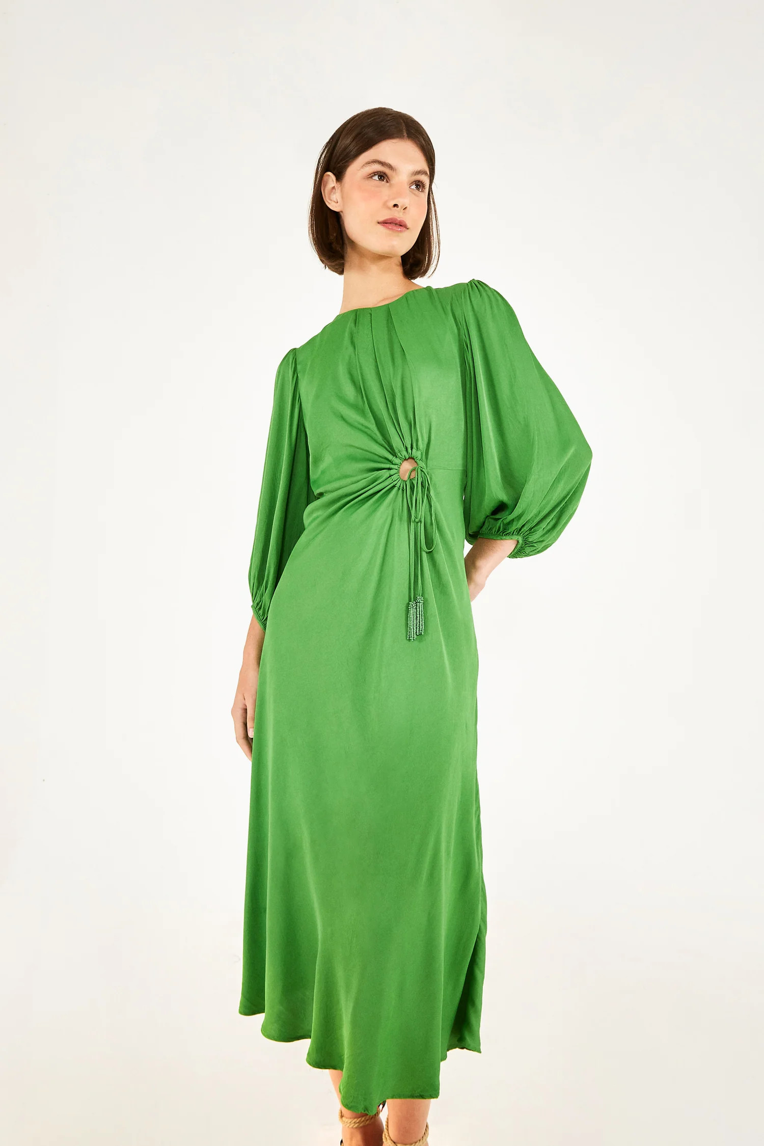 GREEN CUT OUT DRESS | Midi | Front Circle Detailing | FarmRio (US)