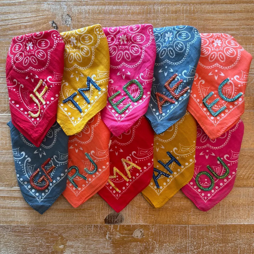 Double Chain Stitch Hand Embroidered Cotton Bandana | Custom Initials and Names | Bachelorette Gi... | Etsy (US)