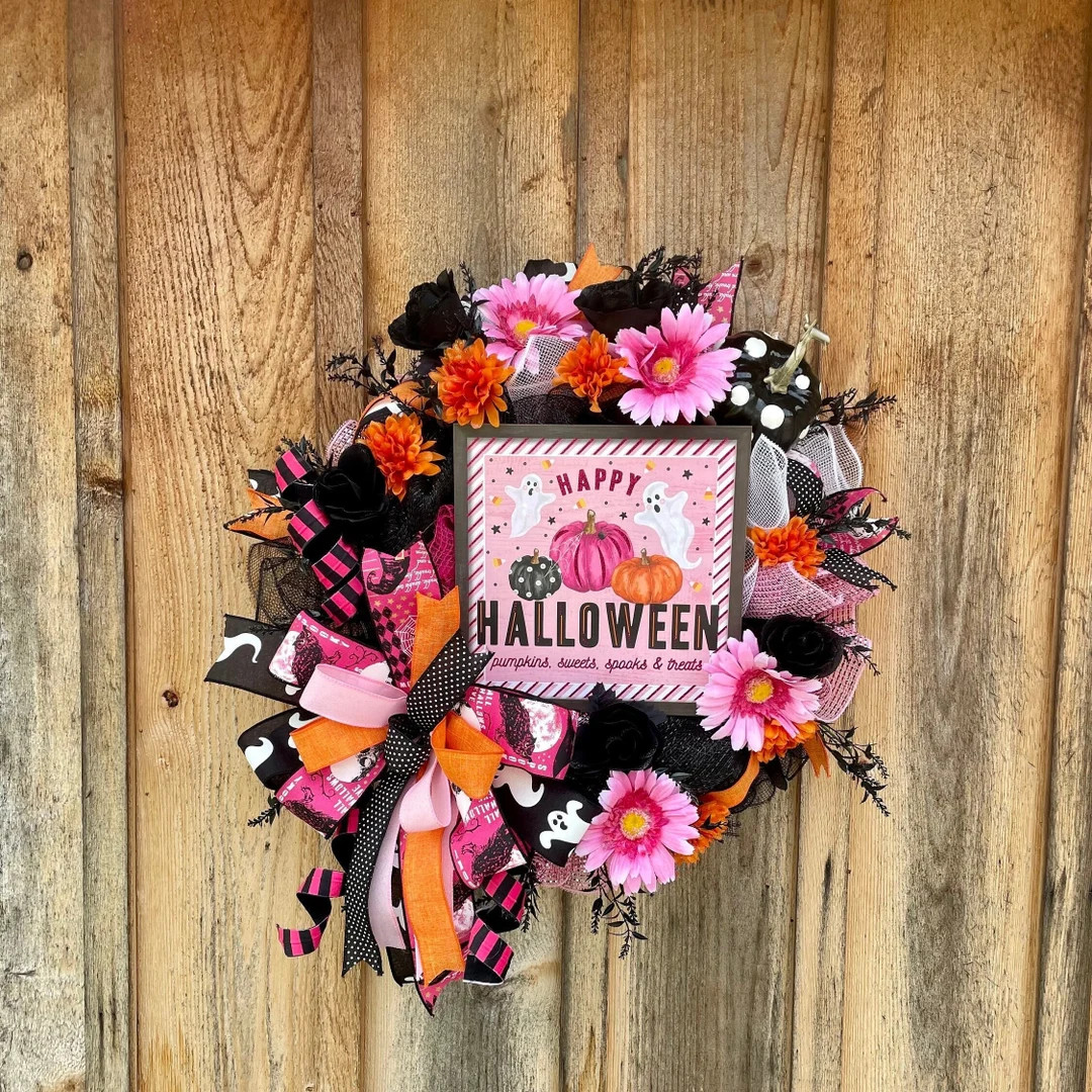 Pink Halloween for Front Door , Ghost and Pumpkin Wreath, Pink Halloween Décor, Halloween Front ... | Etsy (US)